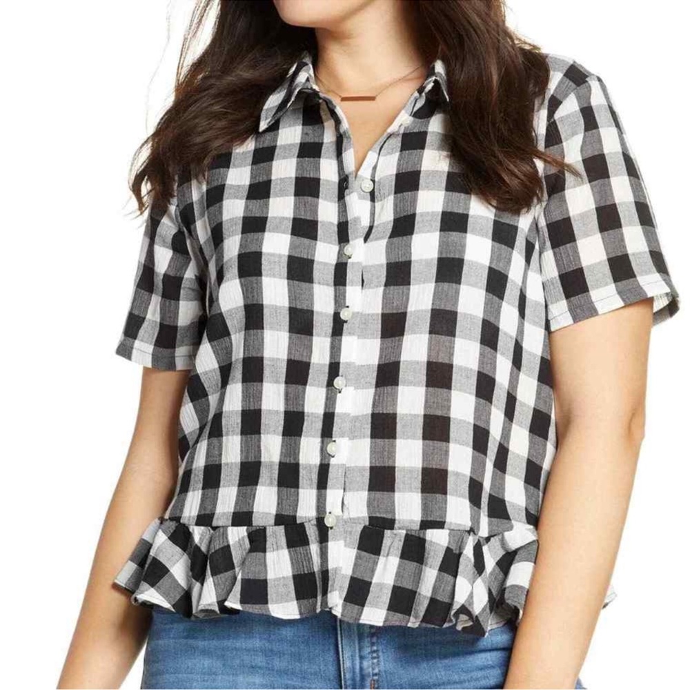 Madewell Peplum Button-Down Shirt in Gingham Black White Cotton Gauze-Small
